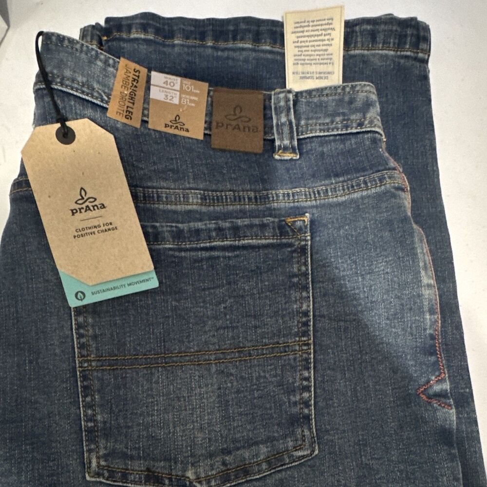 prAna Men's Blue Denim Straight Fit Jeans Stone Wash 40x32 New